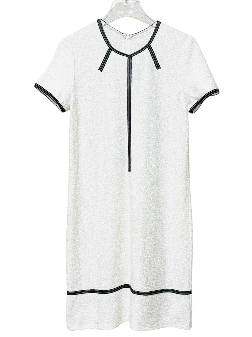 St John White Shift Dress with Black Trim US 8 Textured Bouclé Short Sleeeve